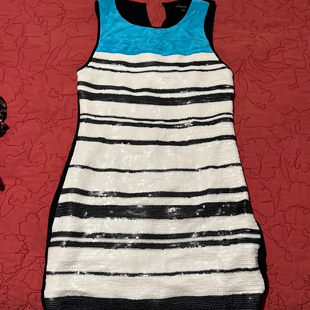 Boundary & Co Medium Black White Striped Sleeveless Silk Sequined Mini Dress.